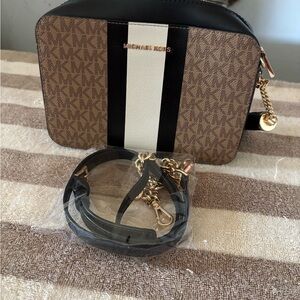 Michael Kors Brown Logo Crossbody with Black & White Center Stripe